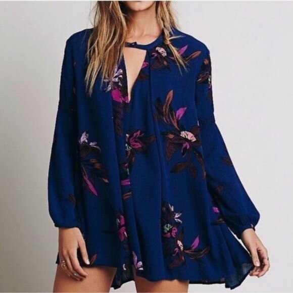 FREE PEOPLE S Tree Swing Tunic Top Mini Dress Blue Floral Cutout Flowy Boho XS - Picture 4 of 16